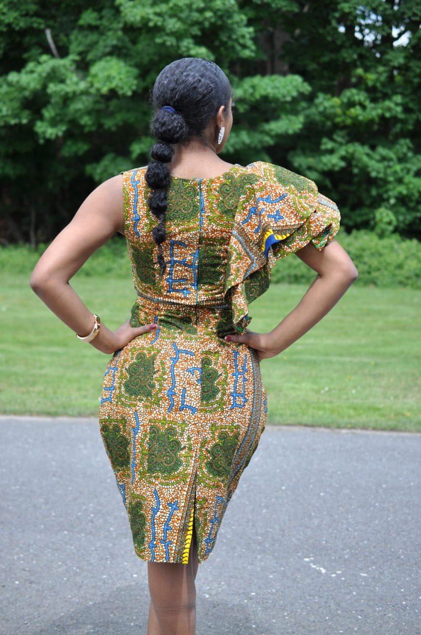 Aniyah African Ankara Frilled Shoulder Knee Length Dress
