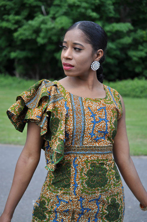 Aniyah African Ankara Frilled Shoulder Knee Length Dress