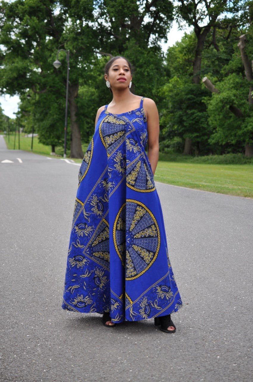 Akufo Blue African Print Strap Tent Maxi Dress