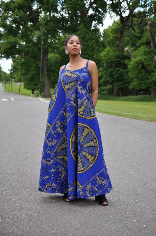 Akufo Blue African Print Strap Tent Maxi Dress