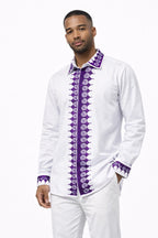 Men’s White Shirt with Purple African Embroidery – Long Sleeve Ankara Detail Shirt