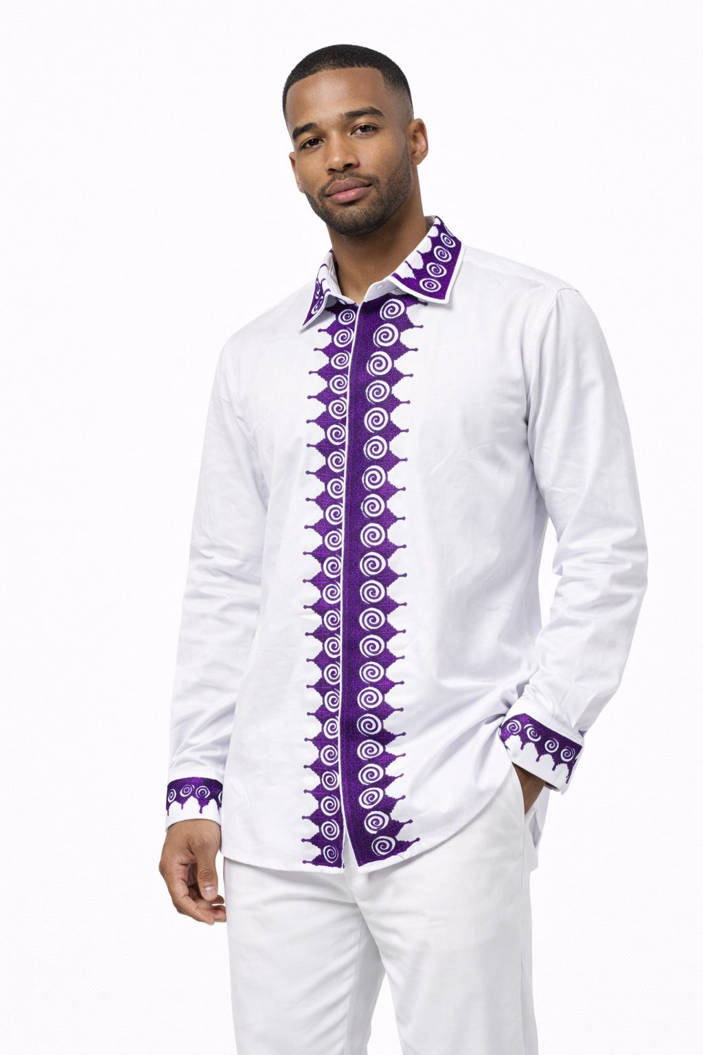 Men’s White Shirt with Purple African Embroidery – Long Sleeve Ankara Detail Shirt