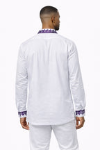 Men’s White Shirt with Purple African Embroidery – Long Sleeve Ankara Detail Shirt