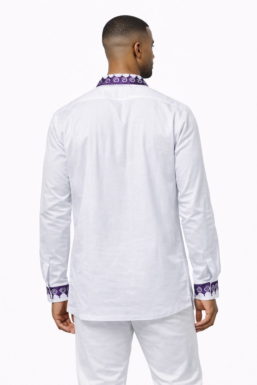Men’s White Shirt with Purple African Embroidery – Long Sleeve Ankara Detail Shirt