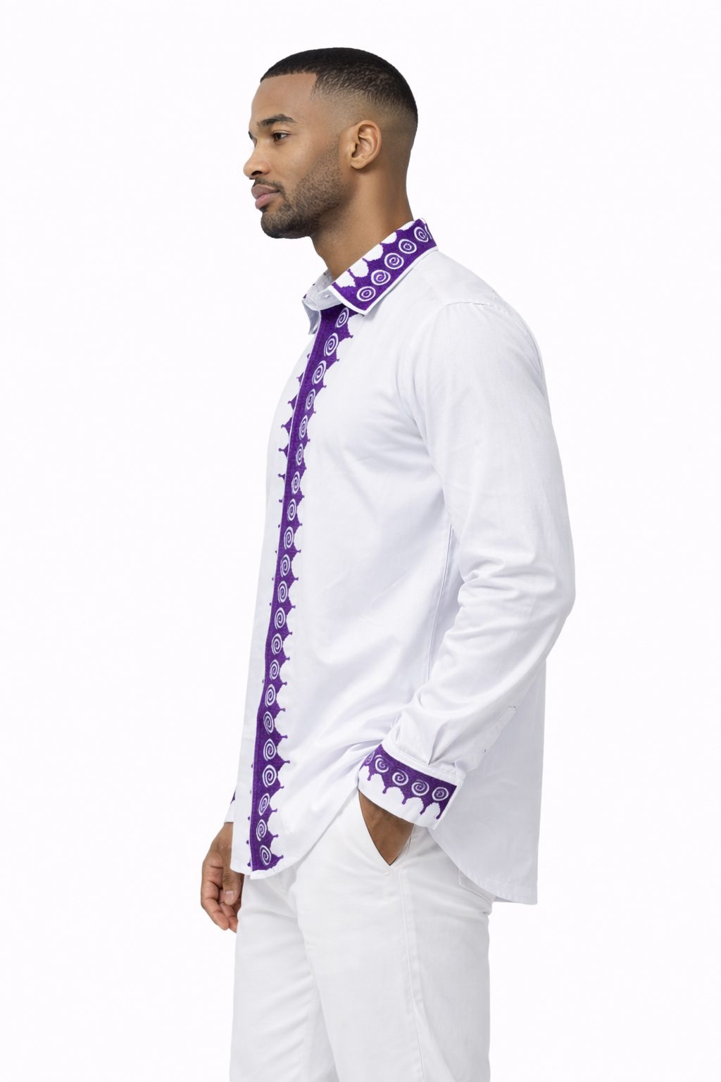 Men’s White Shirt with Purple African Embroidery – Long Sleeve Ankara Detail Shirt