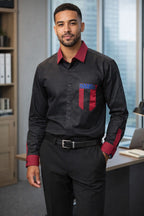 Men’s Black Shirt with African Print Detail – Long Sleeve Smart Ankara Accent Shirt