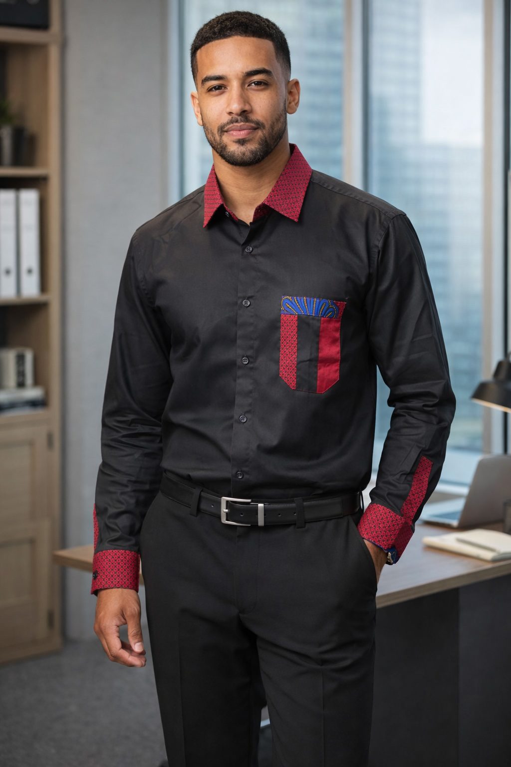 Men’s Black Shirt with African Print Detail – Long Sleeve Smart Ankara Accent Shirt