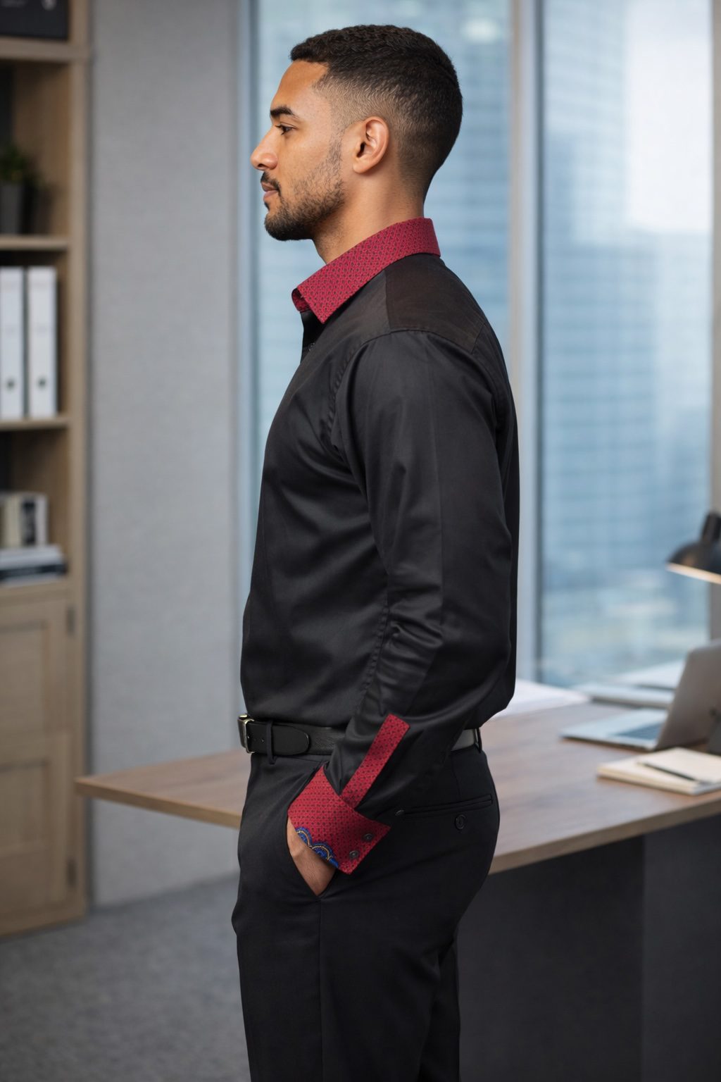 Men’s Black Shirt with African Print Detail – Long Sleeve Smart Ankara Accent Shirt