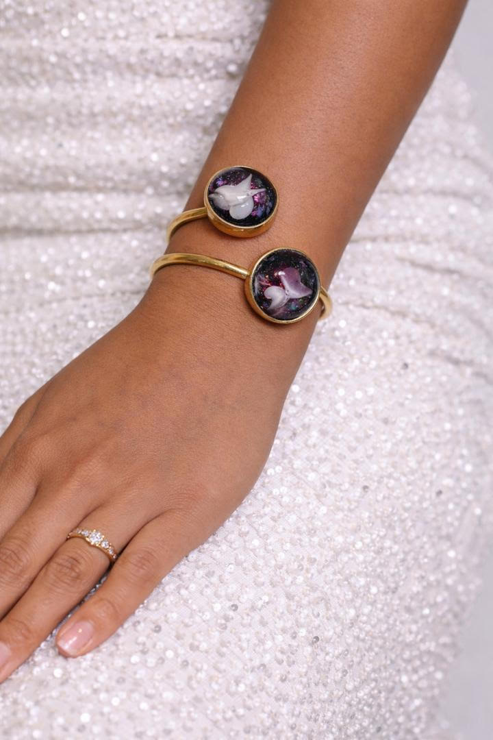 Adjustable Brass Bracelet with Resin Stone Accents