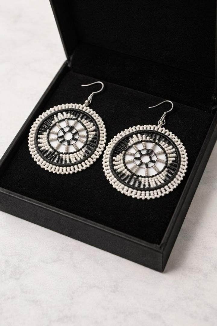 Handmade Black & White Circular Kenyan Beaded Earrings