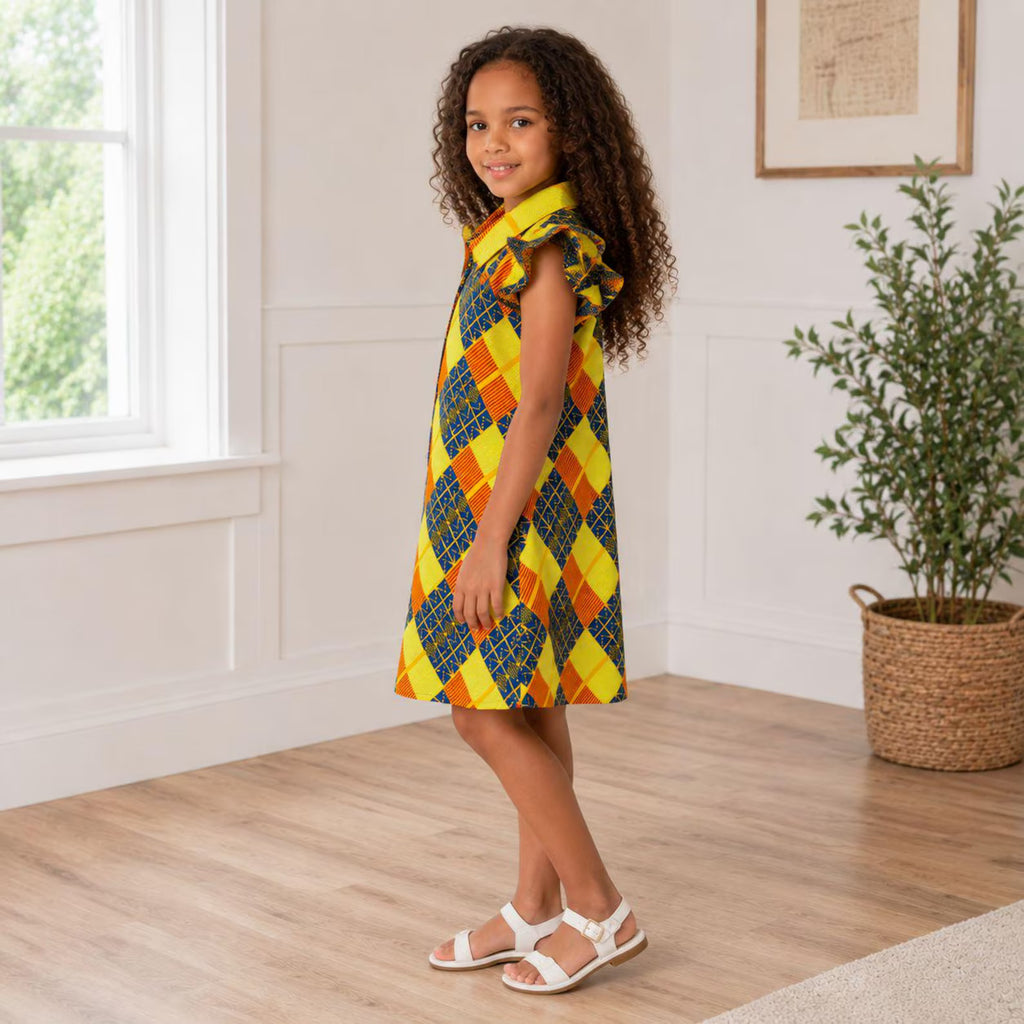 Girls Yellow and Blue African Print Shirt Dress – Kids Ankara Occasion Dress