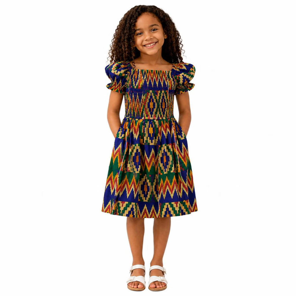 Girls African Print Smocked Dress – Kente Style Kids Party Dress
