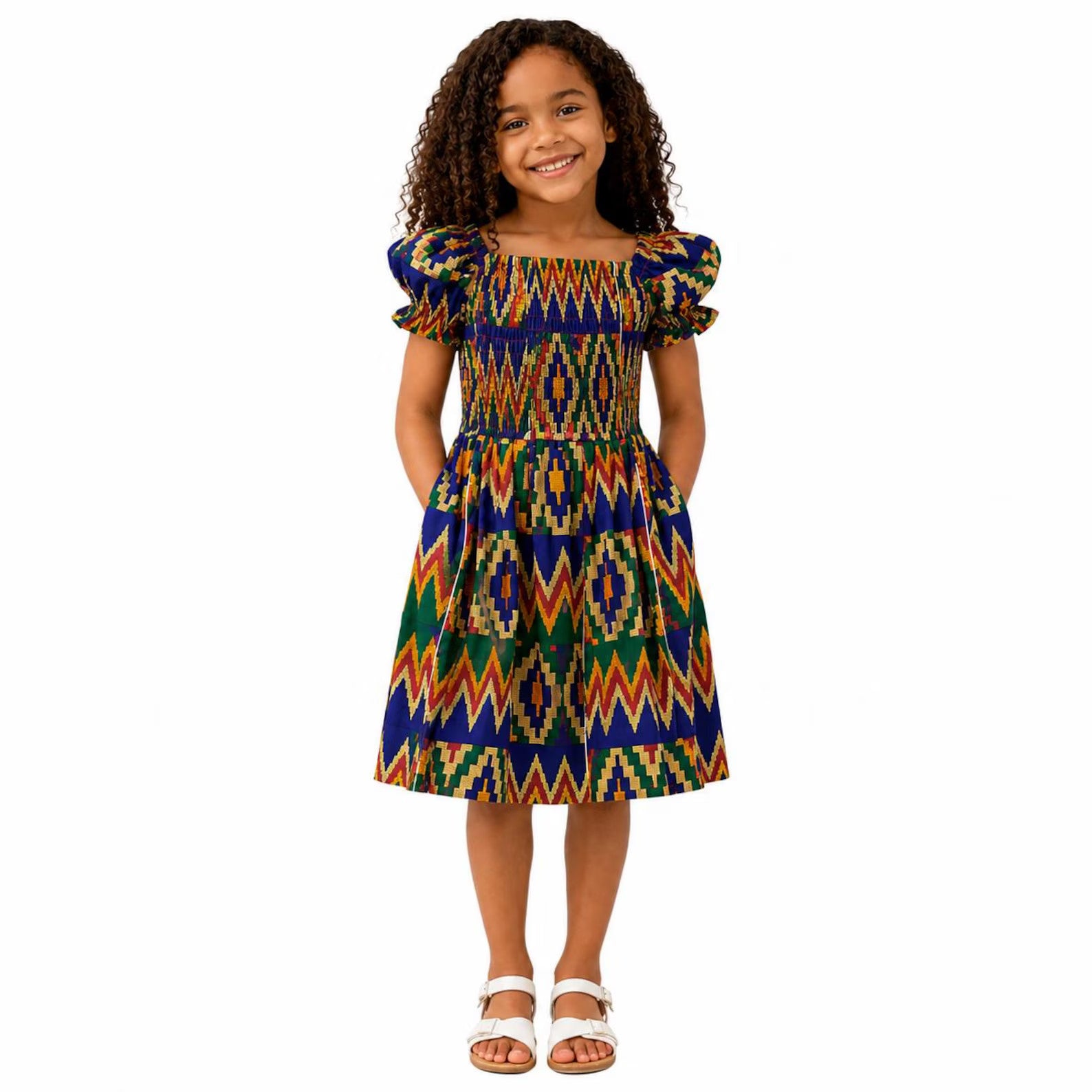 Girls African Print Smocked Dress – Kente Style Kids Party Dress