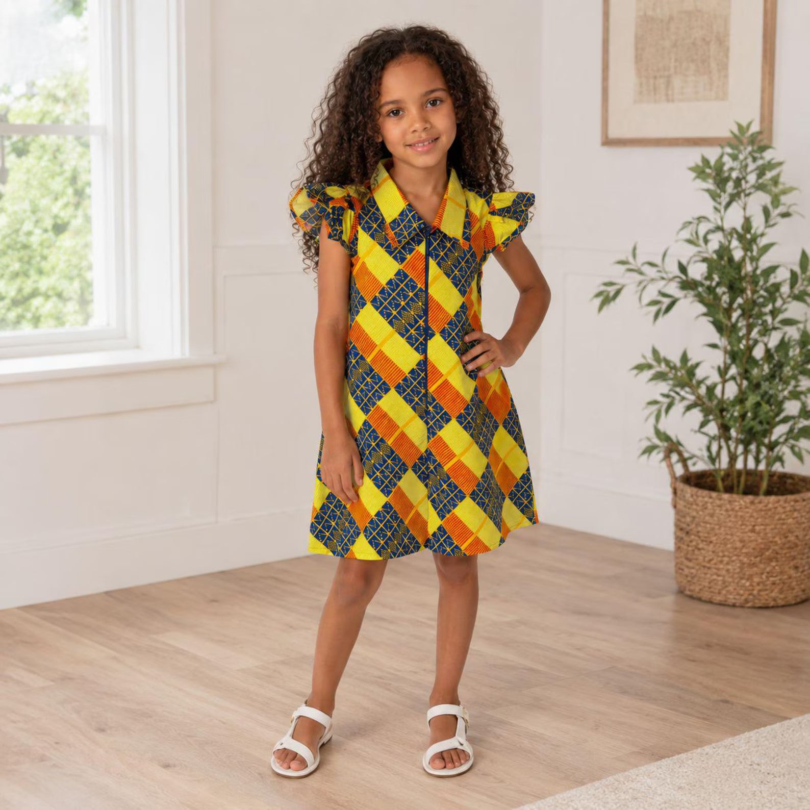 Girls Yellow and Blue African Print Shirt Dress – Kids Ankara Occasion Dress