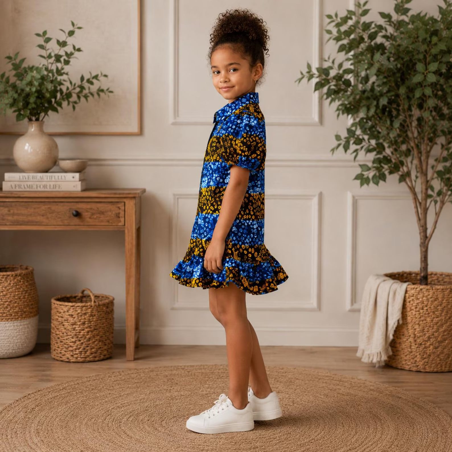 Girls Blue African Print Puff Sleeve Dress – Kids Ankara Party Dress