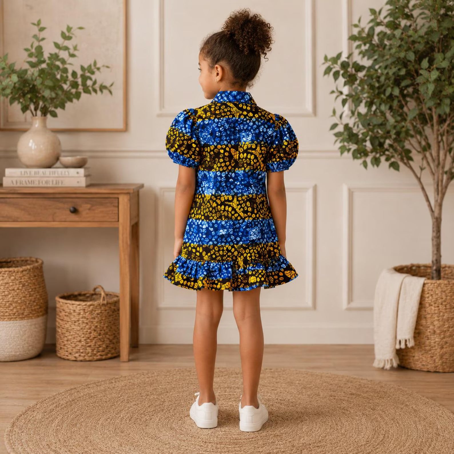 Girls Blue African Print Puff Sleeve Dress – Kids Ankara Party Dress