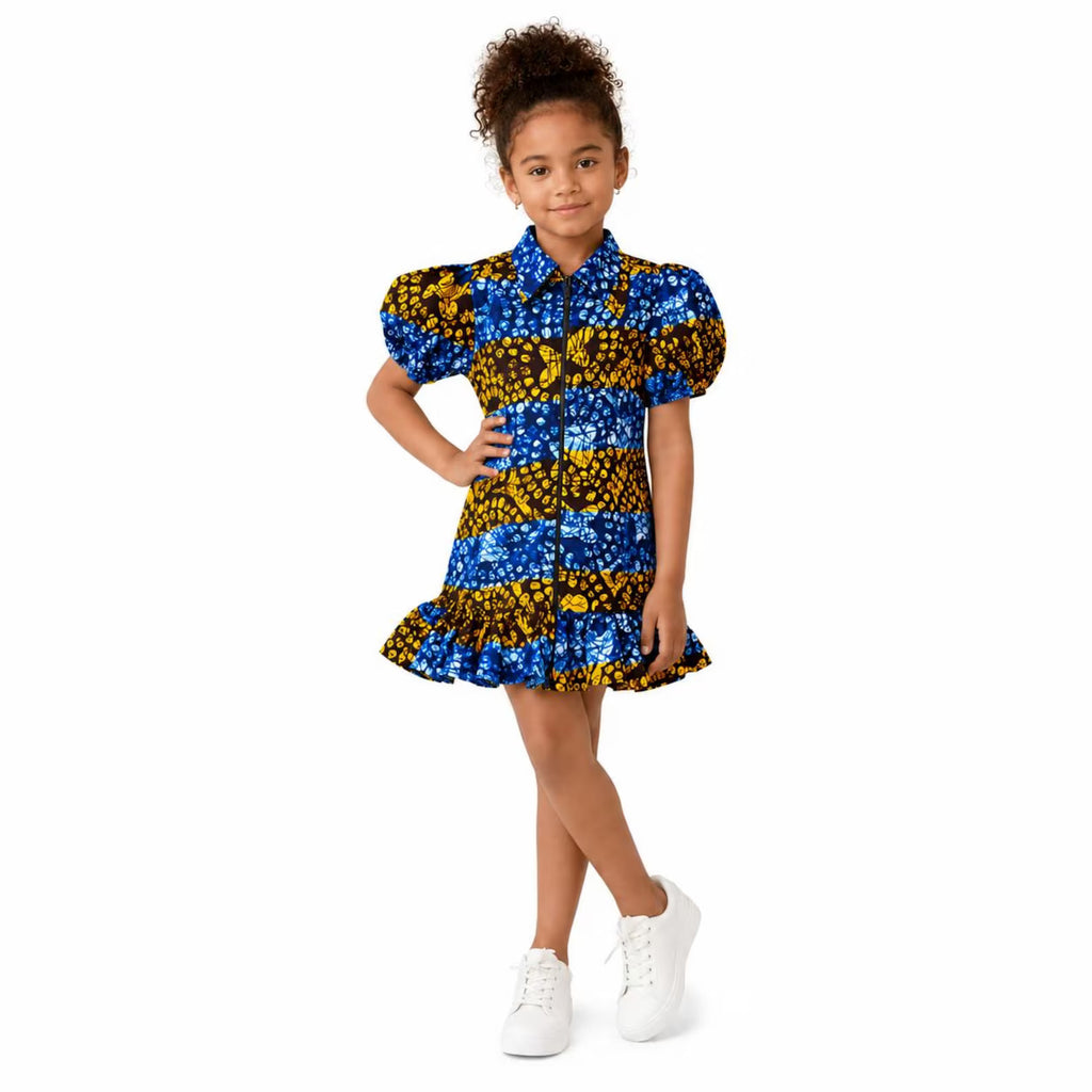 Girls Blue African Print Puff Sleeve Dress – Kids Ankara Party Dress