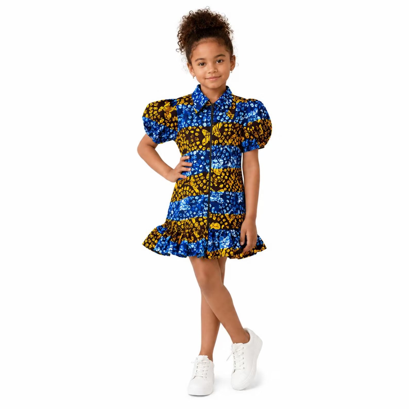 Girls Blue African Print Puff Sleeve Dress – Kids Ankara Party Dress