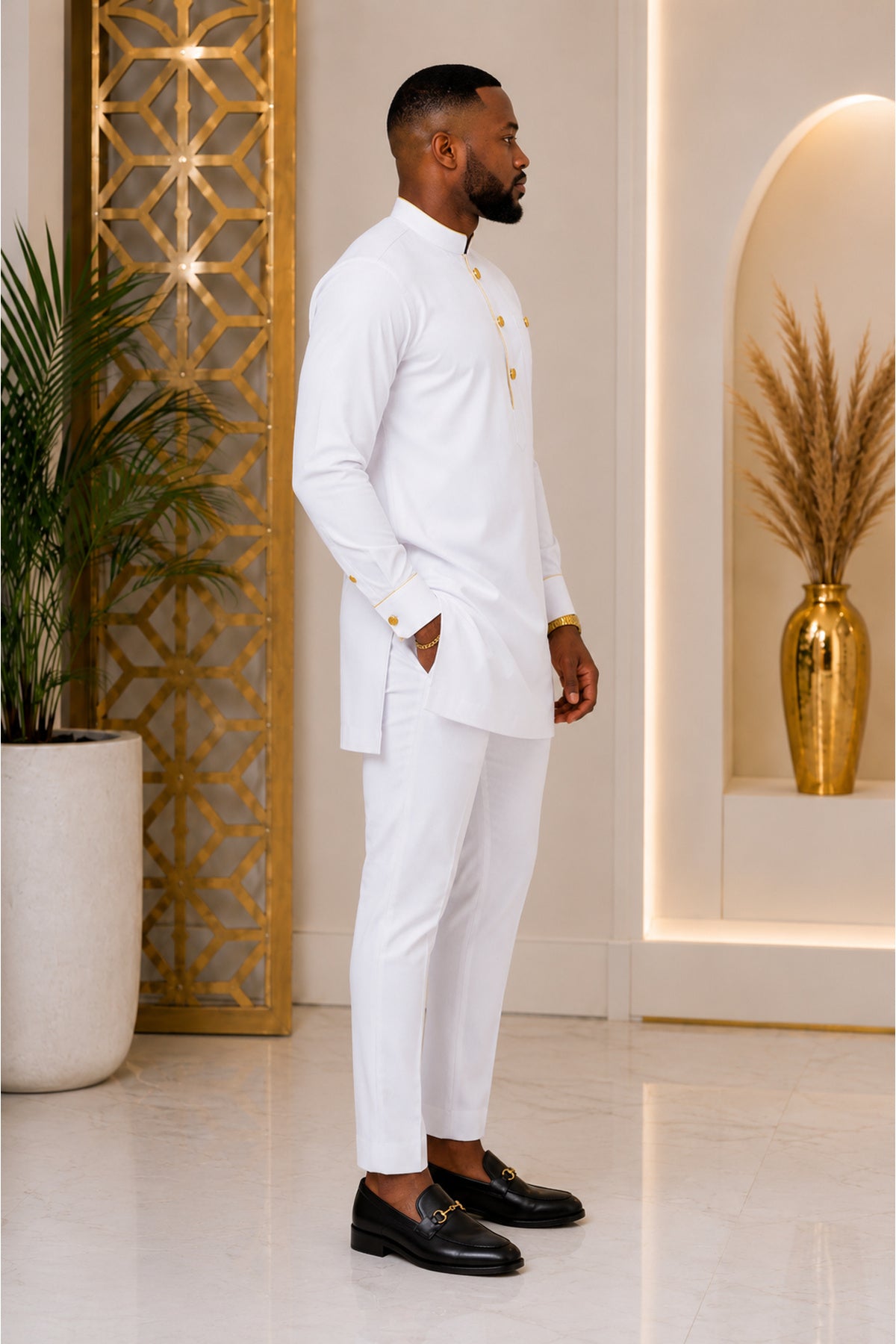 Tosin Men's African Traditional Two-Piece Long/Short Sleeve Kaftan Set – White with Gold Detailing