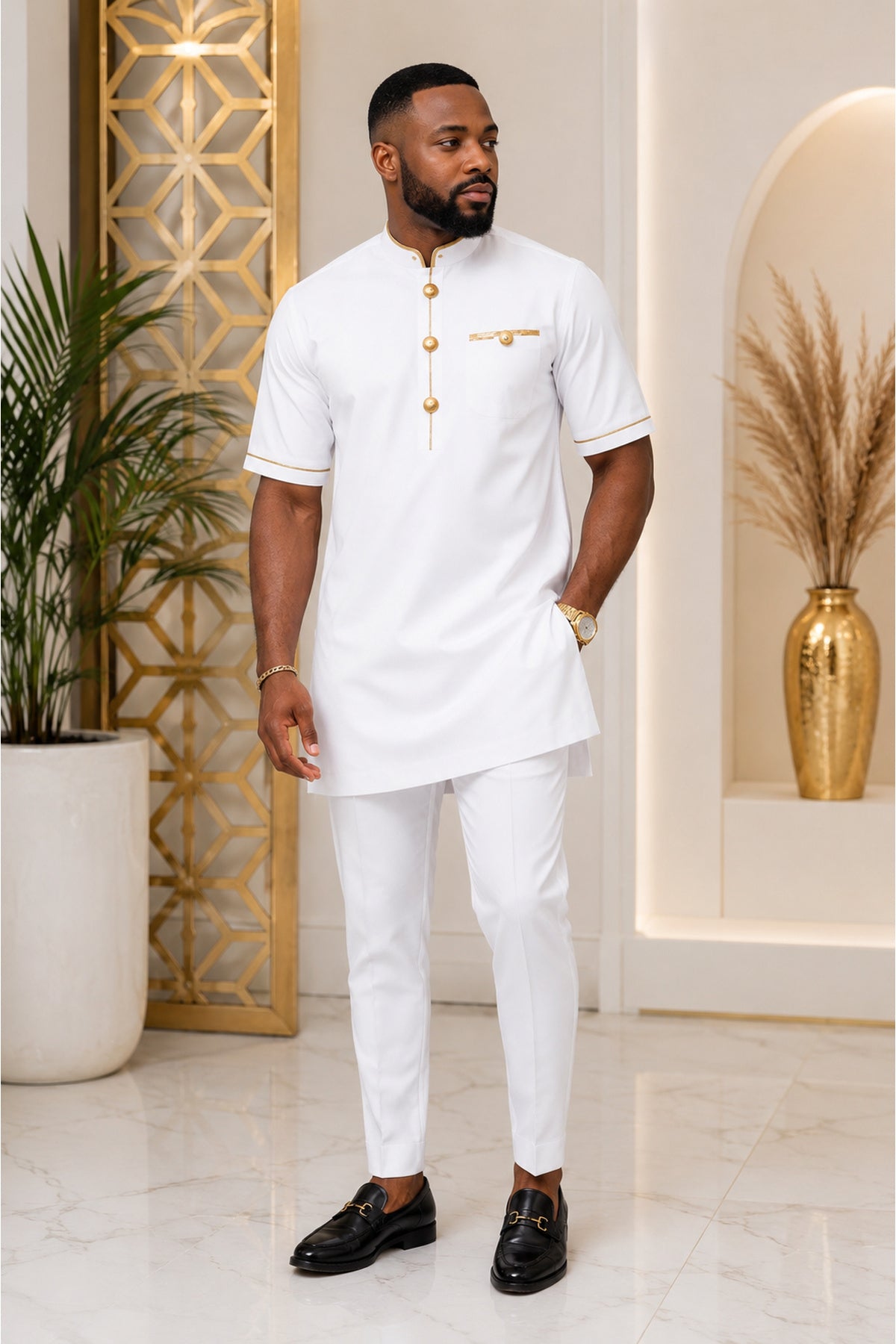 Tosin Men's African Traditional Two-Piece Long/Short Sleeve Kaftan Set – White with Gold Detailing