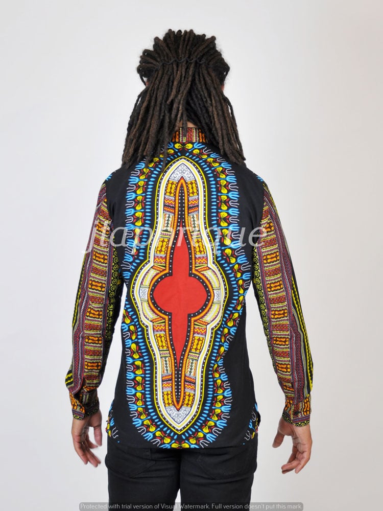 Back shot of model showing the back of this long sleeved dashiki shirt which is identical to the front pattern and print.