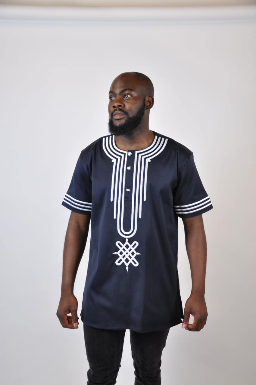 Mavuto Navy & White Lined Embroidery Shirt