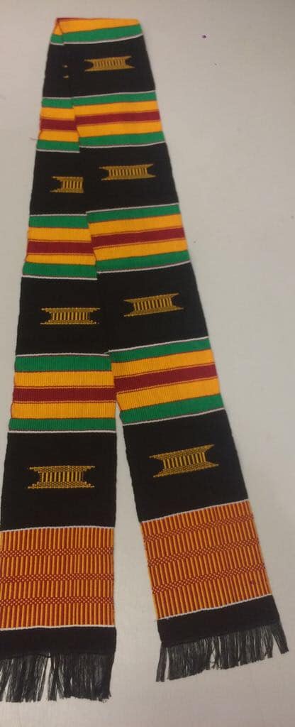 Shot of Kente muffler or woven stole in multi-coloured traditional pattern