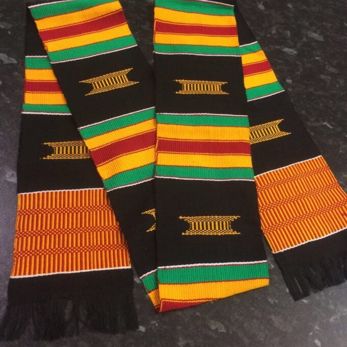 Shot of authentic Kente muffler or woven stole in multi-coloured traditional pattern
