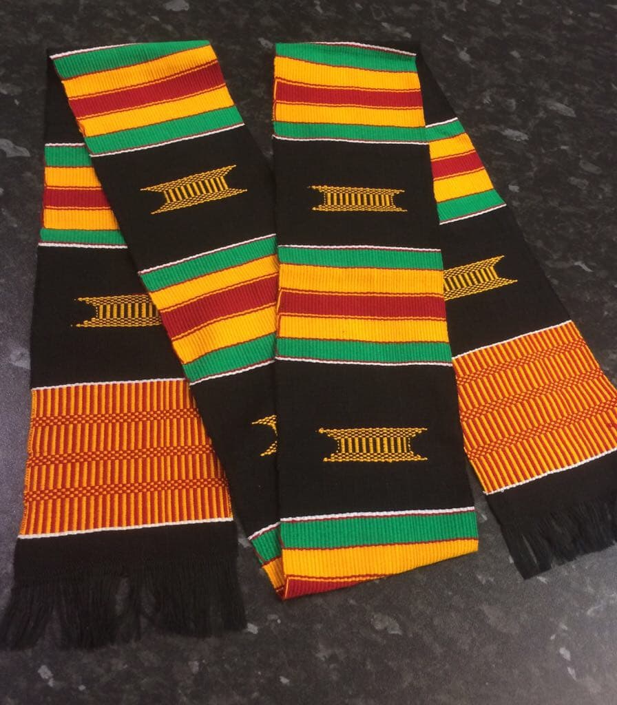 Shot of authentic Kente muffler or woven stole in multi-coloured traditional pattern