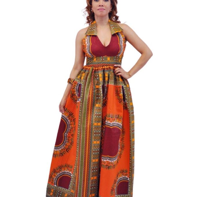 Frontal of model wearing a deep orange and red floor-length dress with all over multi-coloured African dashiki print.
