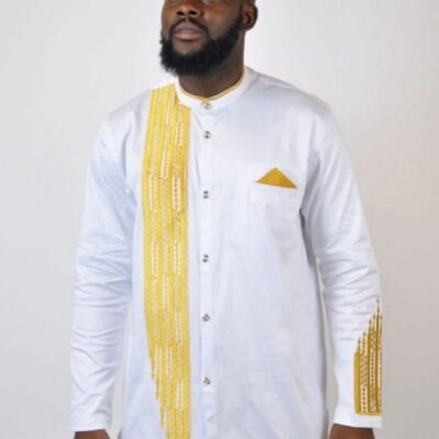 Fumnanya White Polished Cotton & Gold Embroidery Shirt