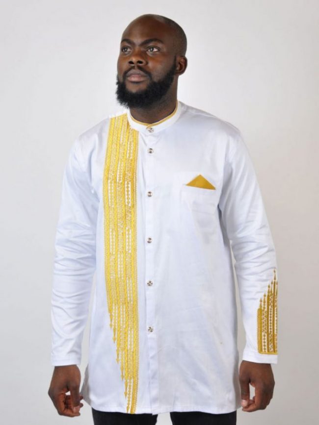 Fumnanya White Polished Cotton & Gold Embroidery Shirt