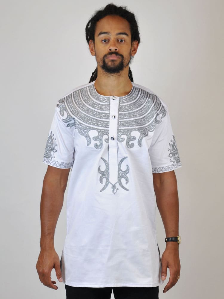 Men's White Polished Cotton Shirt With Silver Embroidery