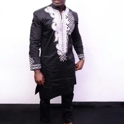 Full frontal of model wearing our African embroidered suit inspired by Black Panther Wakanda Forever..