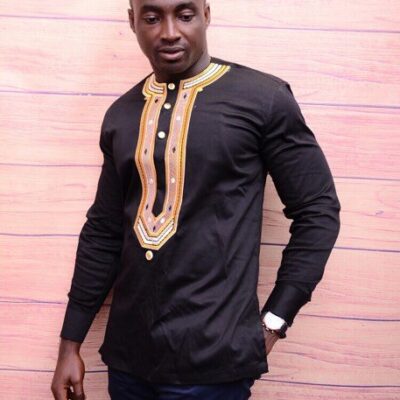 Afolabi Mens Black Polish Cotton Shirt With Gold Embroidery