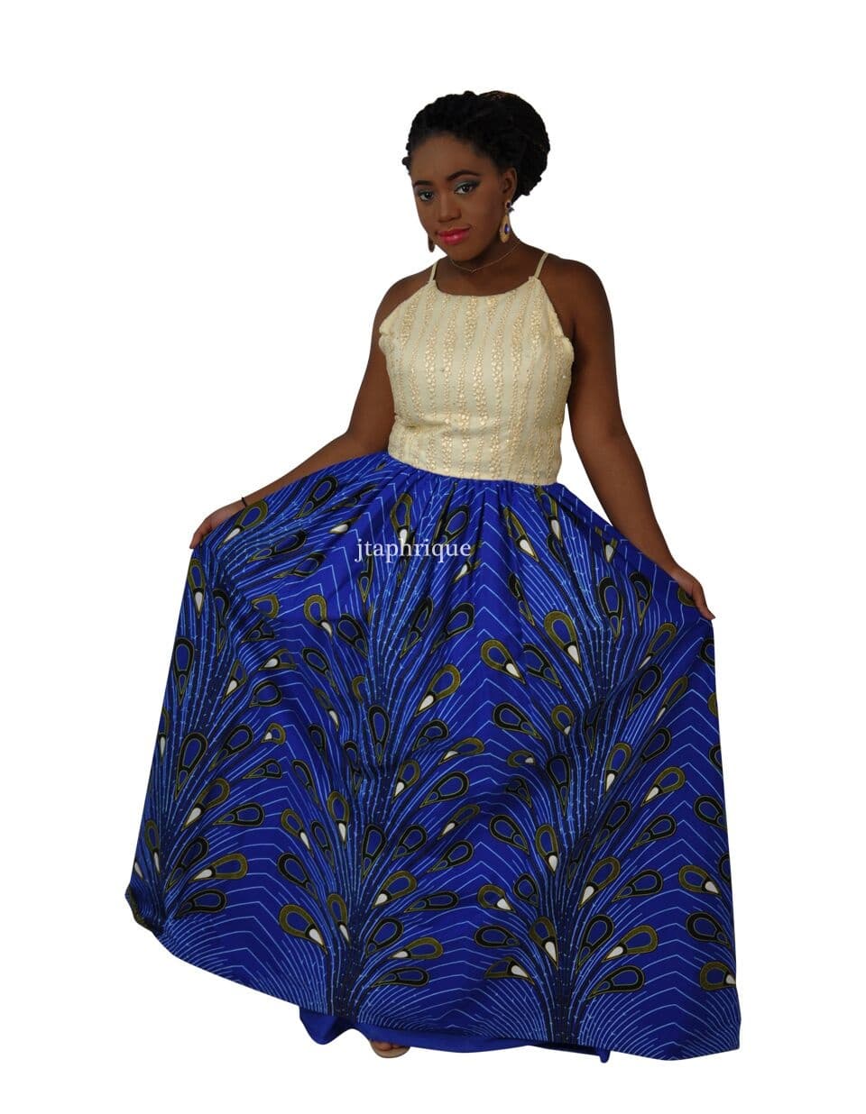Front shot showing the full long flounce maxi skirt in dark blue and Ankara peacock print.