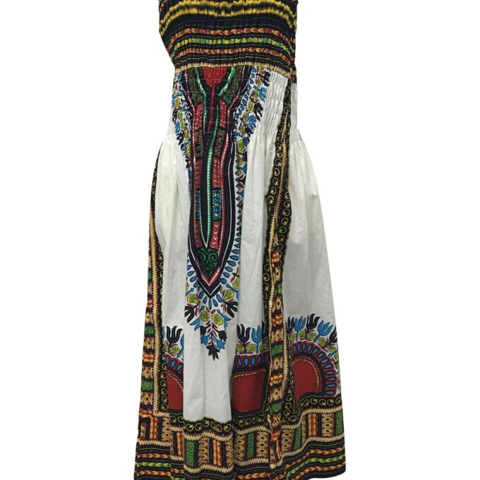 Convertible Dashiki Midi Dress or Maxi Skirt in White & Multi-coloured