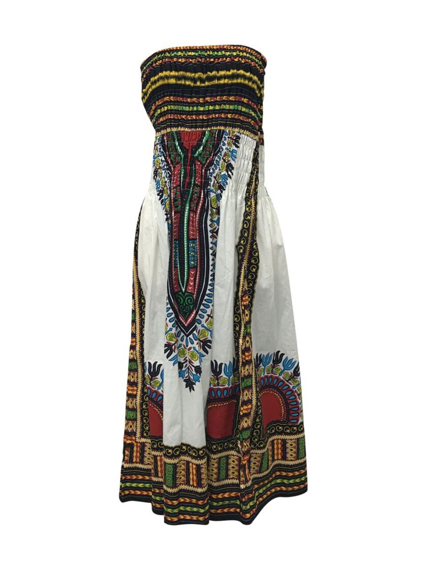 Convertible Dashiki Midi Dress or Maxi Skirt in White & Multi-coloured