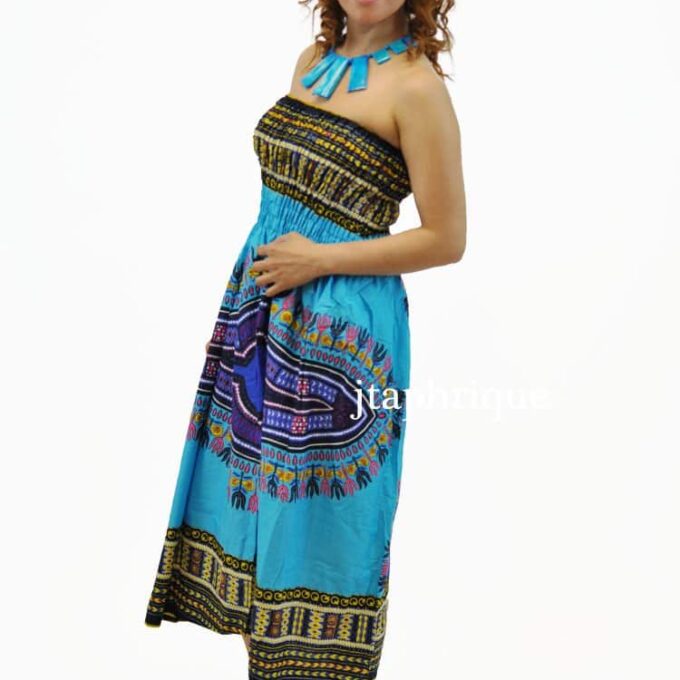 Convertible Dashiki Midi Dress or Maxi Skirt from African Clothing Store. SKU: 4603. Colourful African print midi strapless dress which converts to a maxi skirt. Multiway dress in dashiki print which is versatile because of the stretchy top which converts to a waistband.