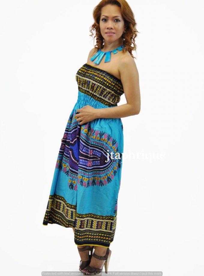 Convertible Dashiki Midi Dress or Maxi Skirt from African Clothing Store. SKU: 4603. Colourful African print midi strapless dress which converts to a maxi skirt. Multiway dress in dashiki print which is versatile because of the stretchy top which converts to a waistband.