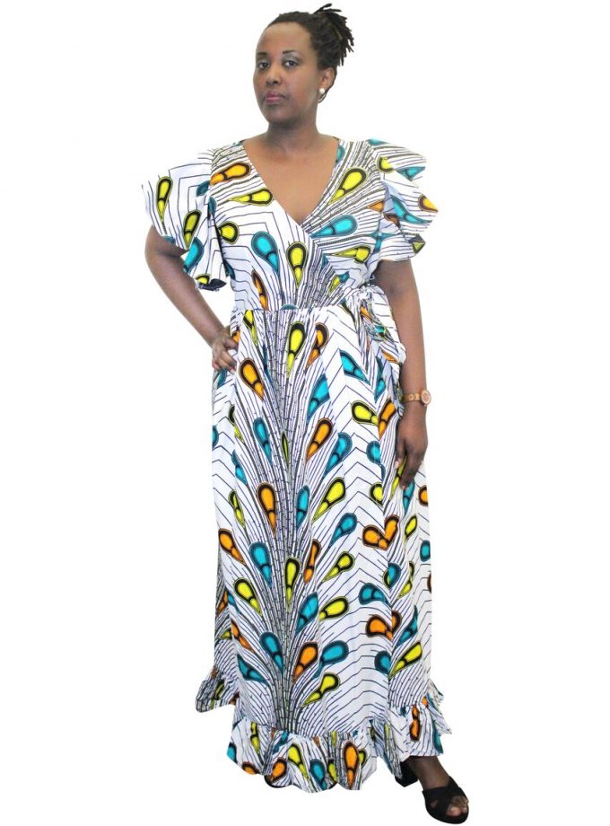 Frontal of model wearing a multi-coloured wrap dress in all over African Ankara teardrop print pattern.