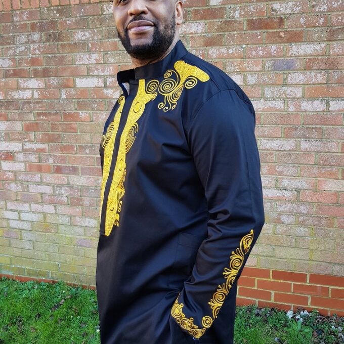 Men's Black & Gold Polished Cotton Embroidered Shirt
