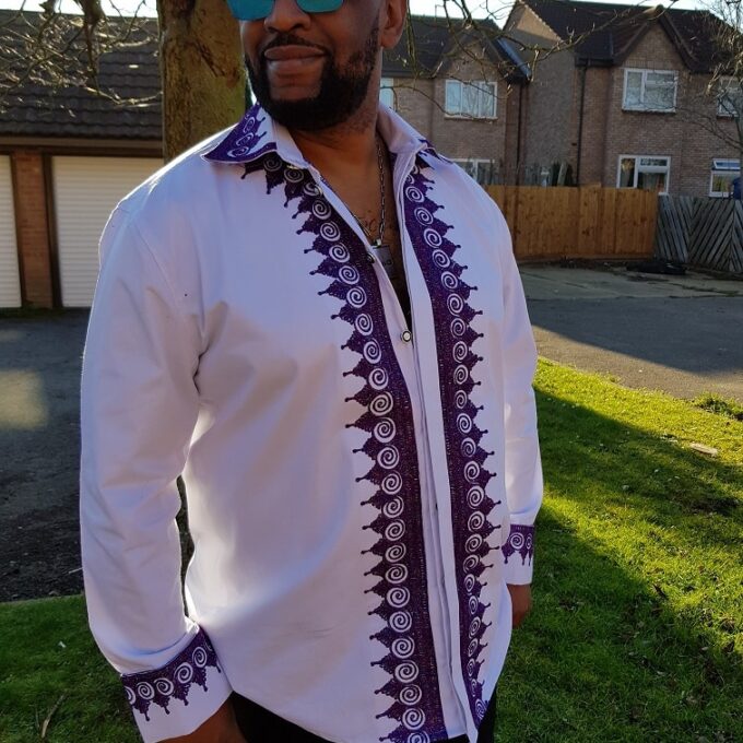 Dejen White and Purple Swirl African Embroidery Shirt