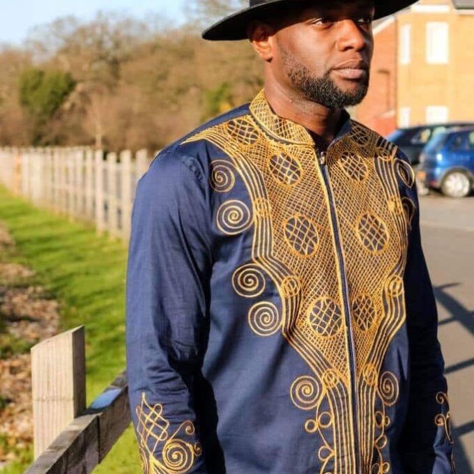 Men's African Style Navy Blue & Gold Embroidery Shirt