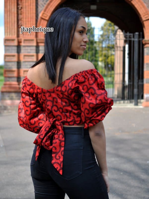 Red & Black African Print Wrap Top
