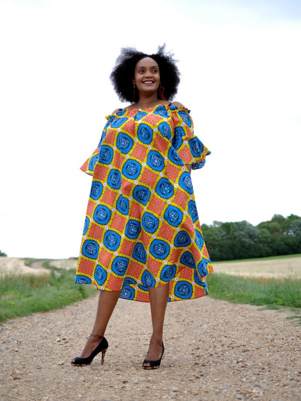 African Ankara Blue,Yellow & Orange Zweena Maxi Dress