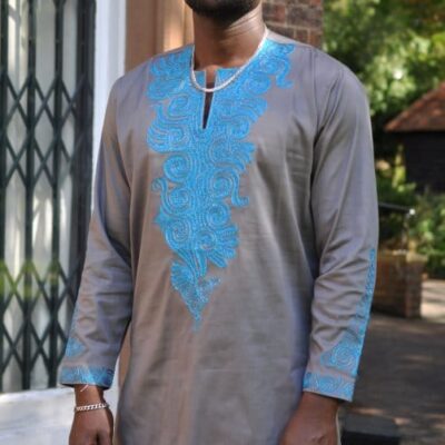 Grey & Turquoise Embroidered Shirt