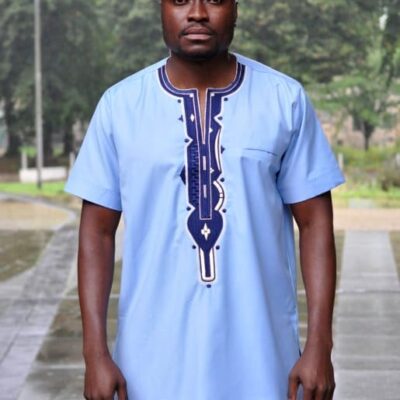 Short Sleeve Baby Blue African Embroidery Men Polished Cotton Shirt