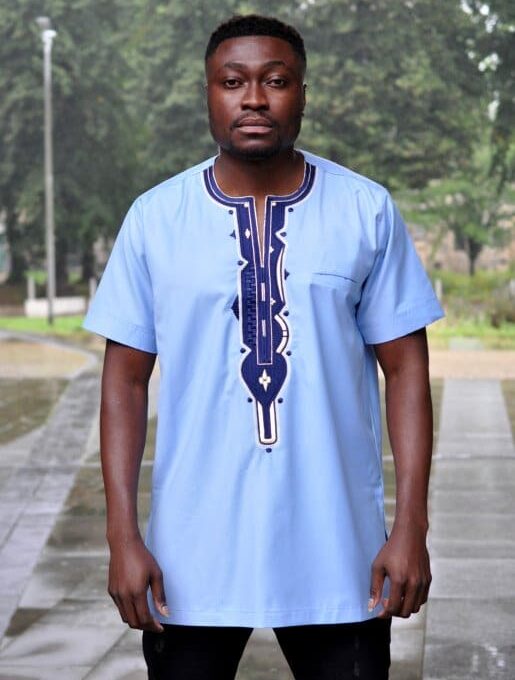 Short Sleeve Baby Blue African Embroidery Men Polished Cotton Shirt