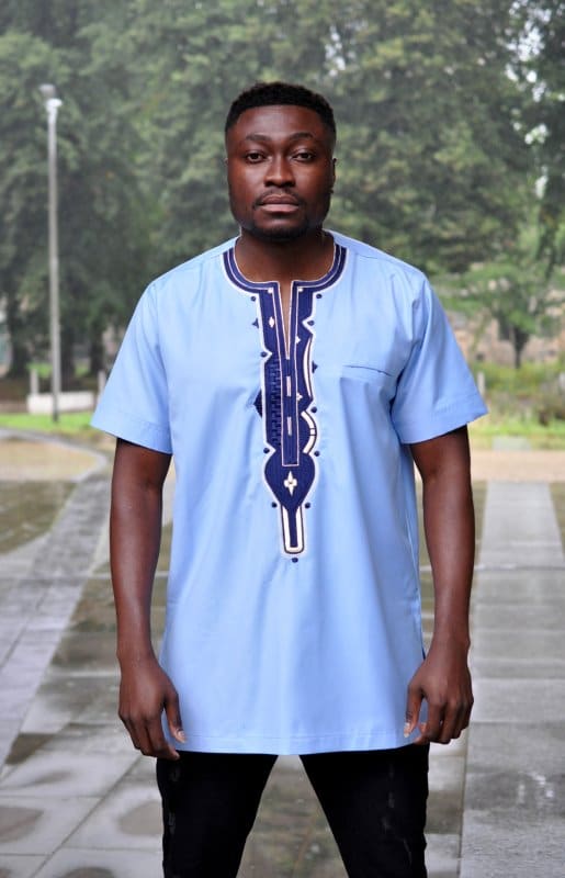 Short Sleeve Baby Blue African Embroidery Men Polished Cotton Shirt